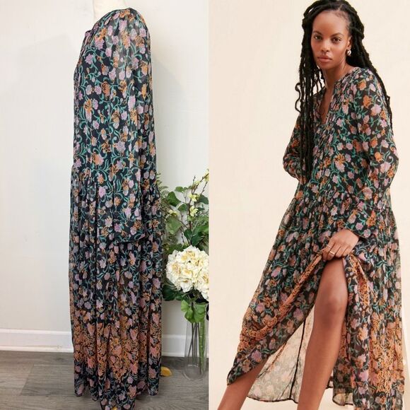 Free People See It Through Dress boho floral sheer maxi | black multi | Medium - Picture 4 of 9